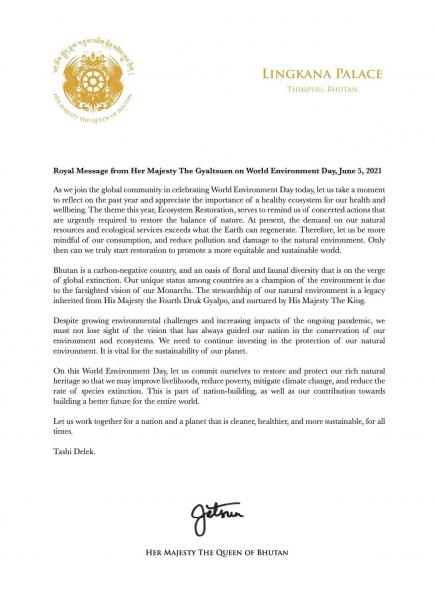 Royal Message from Her Majesty The Gyaltsuen on World Environment Day, June 5, 2021